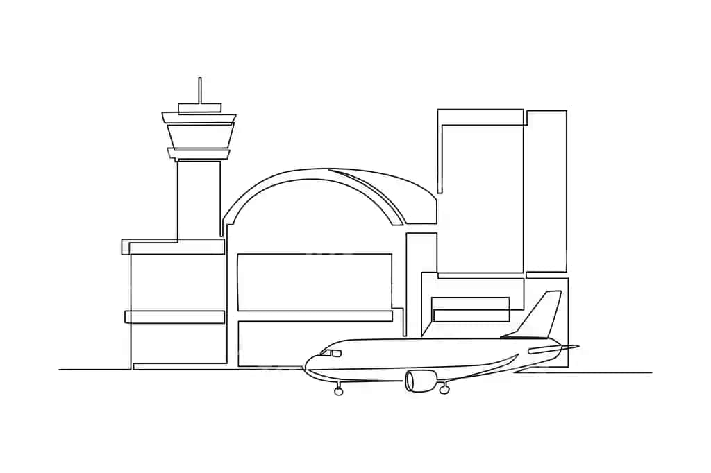 Davomiy chiziq aeroport terminal binosi bitta nazorat tori | Continues line airport terminal building with control tower single
