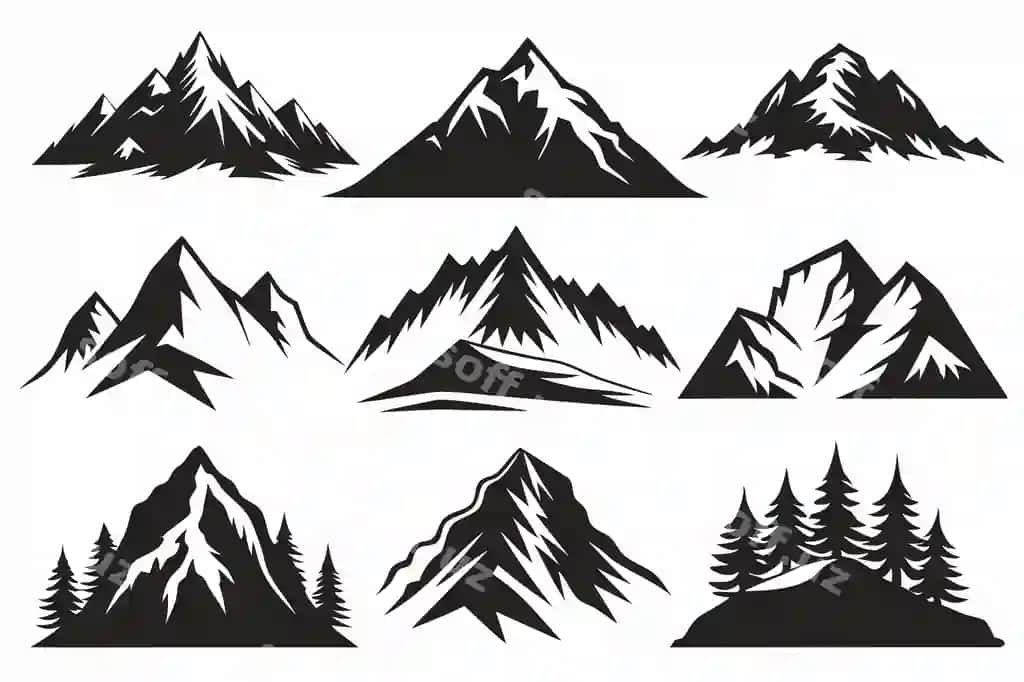 Qora va oq orqa fonda cho'lkalarni joylang | Set mountains with black white background