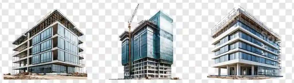Zamonaviy biznes ofis binosining qurilishdagi old ko'rinishi ajratilgan | Modern business office building construction front view isolate