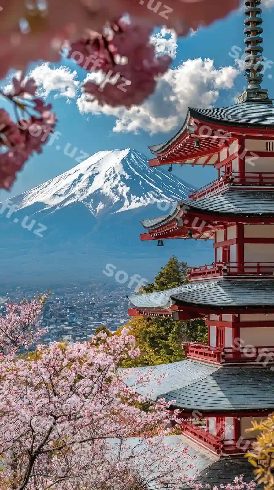 Ajoyib manzara Fuji to'g'ri qizil pagoda oldingi fonda joylashgan, go'zal qizil-gul rangli shirin gulardan olib atrofda, qor bagichadagi to'g'ri, tajriki ranglar, aniq binolardan, sovuq va buyuk manzara yaratadi. | Stunning view mount fuji with red pagoda foreground framed by beautiful pink cherry blossoms snow capped mountain vibrant colors traditional architecture create serene majestic sce