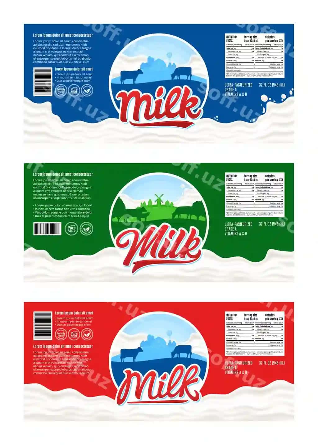 Gorizontal vektor sut etiketlarini oʻrnatish | Set horizontal vector milk labels