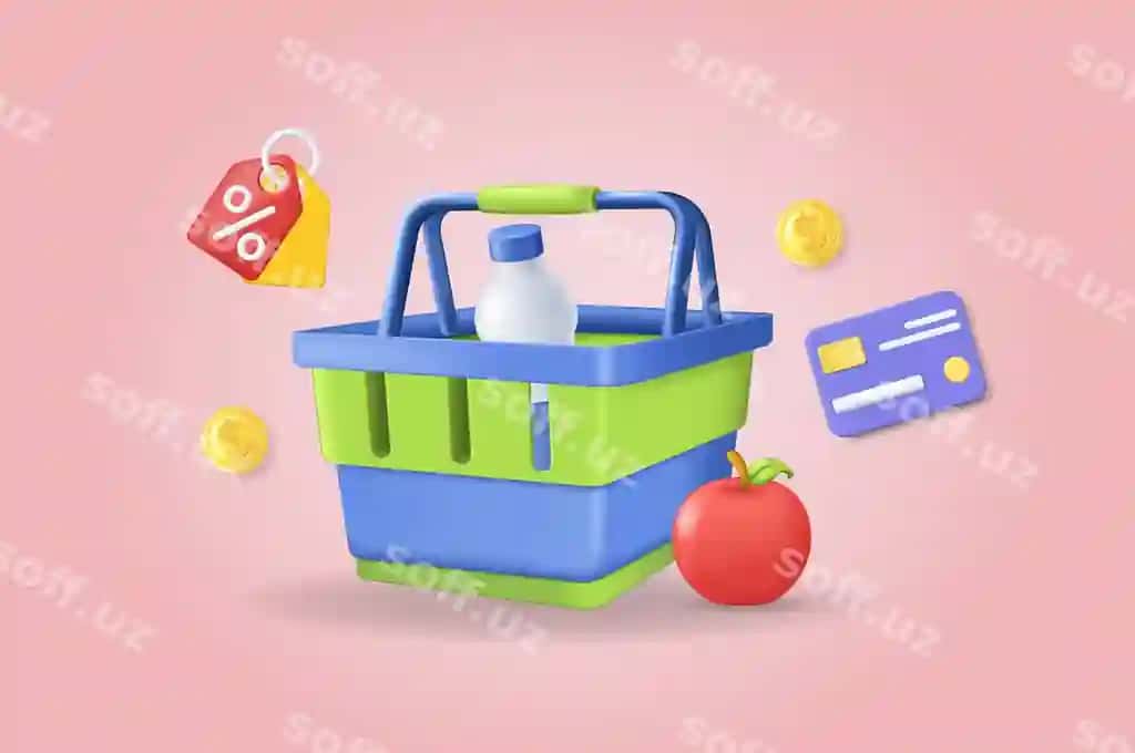 Xarid aktsiyasi kontseptsiyasi 3D illustratsiya ikon kompositsiyasi supermarket bilan | Shopping sale concept 3d illustration icon composition with supermarket