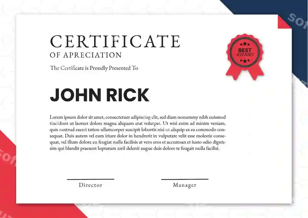 Oddiy qadr-qimmatlilik sertifikat qizil mukofot gerbli geometricheskiy dizayn | Simple certificate appreciation with red award seal geometric design