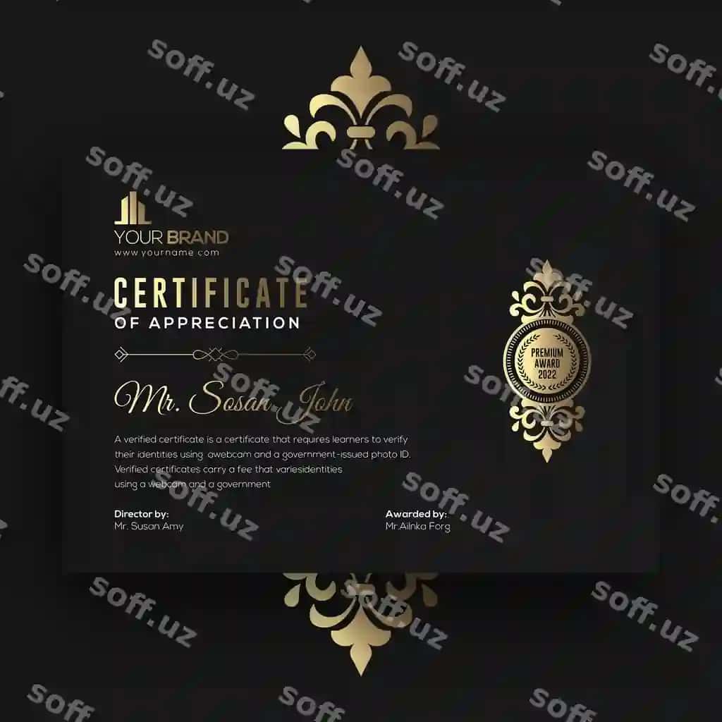 Qora o'ttiz sertifikat shabloni | Black gold certificate template