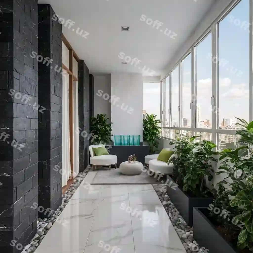 Mehmonxona gul qazonli rivoj bilan | Living room with plant potted plant