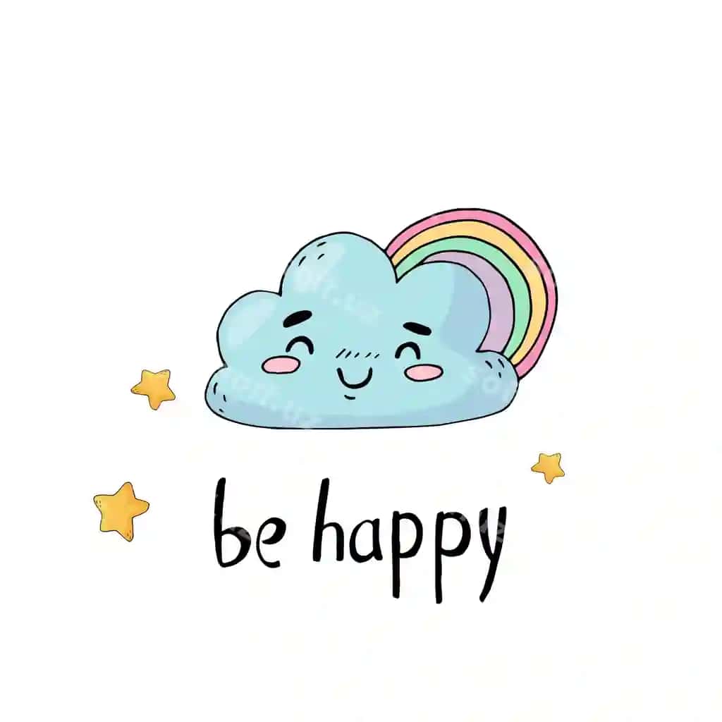 Oq fonda bulutli kamalagi tasvirlangan yoqimli plakat | Cute poster with cloud rainbow white background character emotion