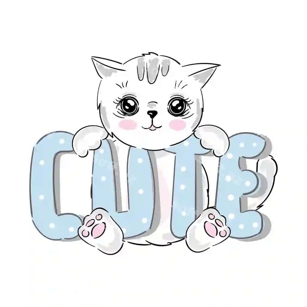 Chiroyli multfilm oq bola ko'k chiroyli slogant matni bilan | Cute cartoon white kitten with slogan text blue cute