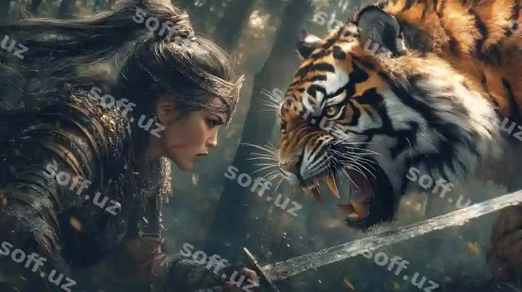 Ayollar samuray janggir heyvon buzmachiga yuzlaydi, urishadigan orqa fon rasmi AI tomonidan yaratilgan tasvir. | Female samurai warrior faces animal tiger who fight background wallpaper ai generated image