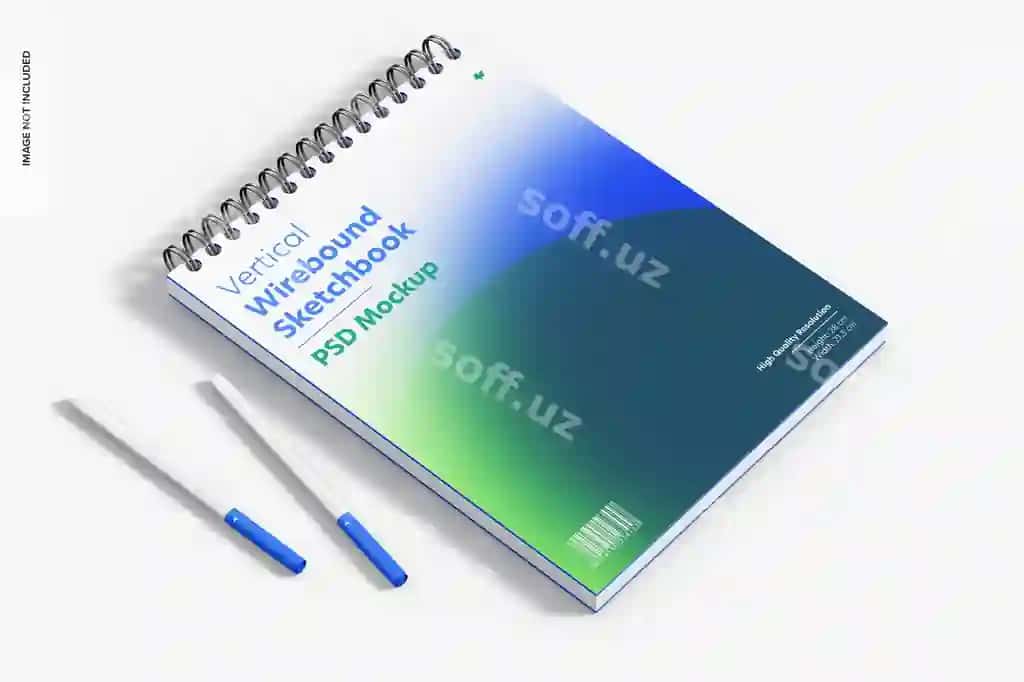 Vertikal ipli bog'langan chizgich daftri mockup | Vertical wirebound sketchbook mockup