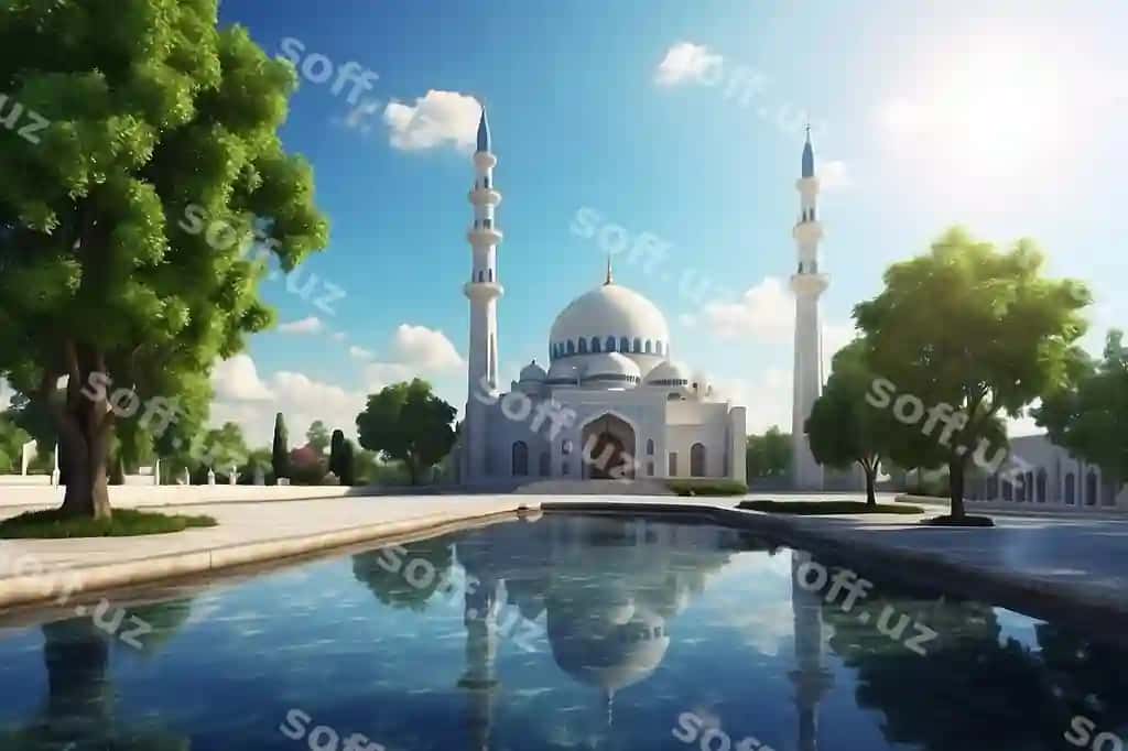 Masjid aks ettirilgan osmon va daraxtlar orqa fonda | Mosque with reflection sky trees background