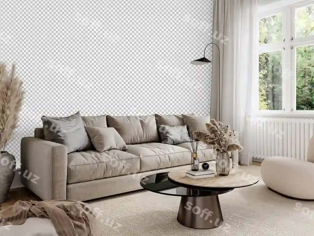 Bepul png devor rasmi shabloni otish xonasining ichki dekoratsiyasi divan isolatsiyalangan | Free png wallpaper mockup living room interior with sofa isolated