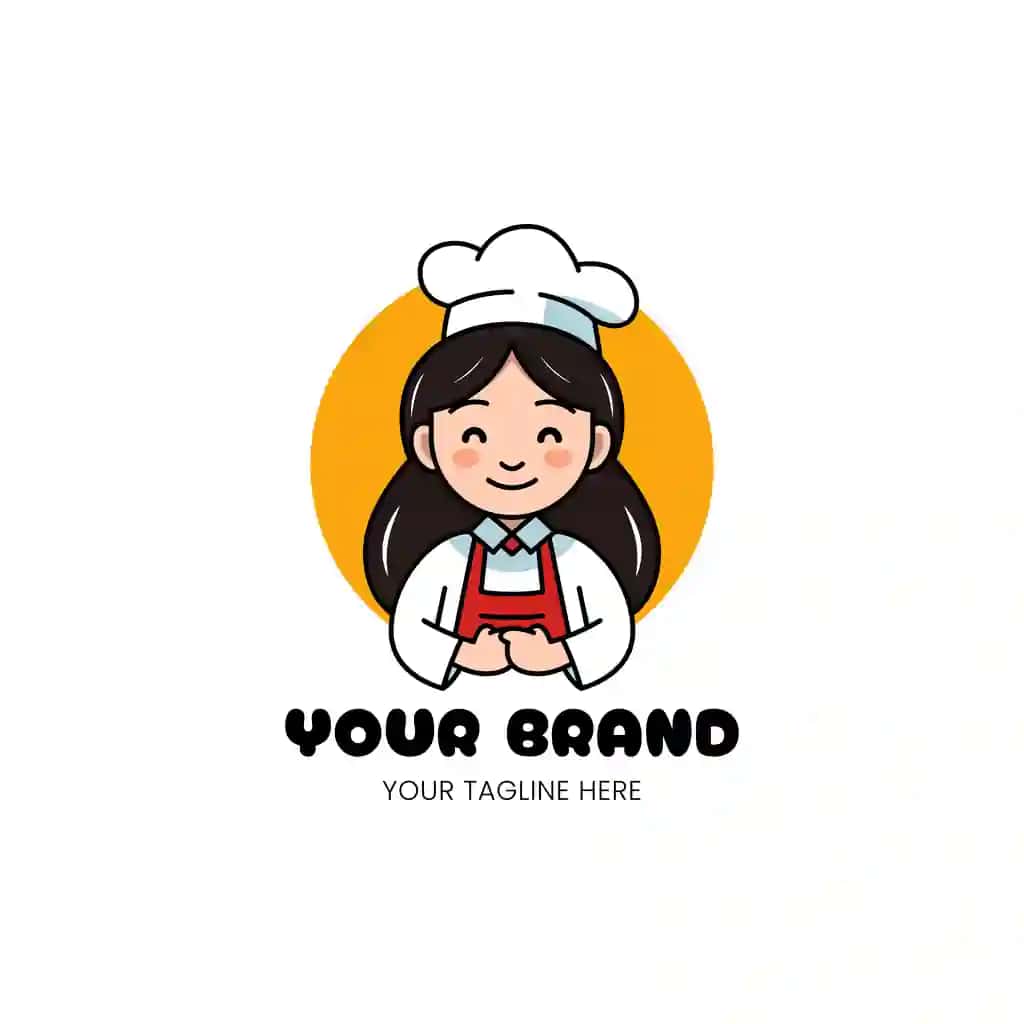 Yoqimli baxtli oshpaz qiz oddiy vektor maskot logotipi dizayni | Cute happy chef girl simple vector mascot logo design