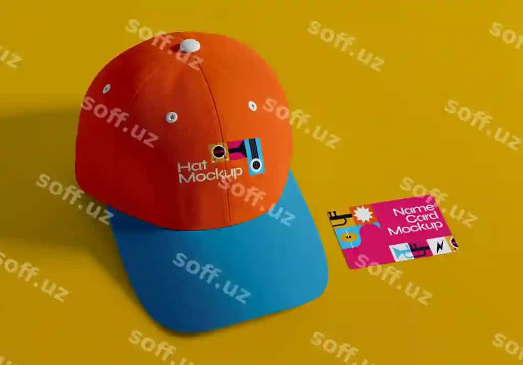 Apelsin bosh kiyimi ism kartasi namunasi sariq orqa fonda | Orange hat name card mockup yellow background