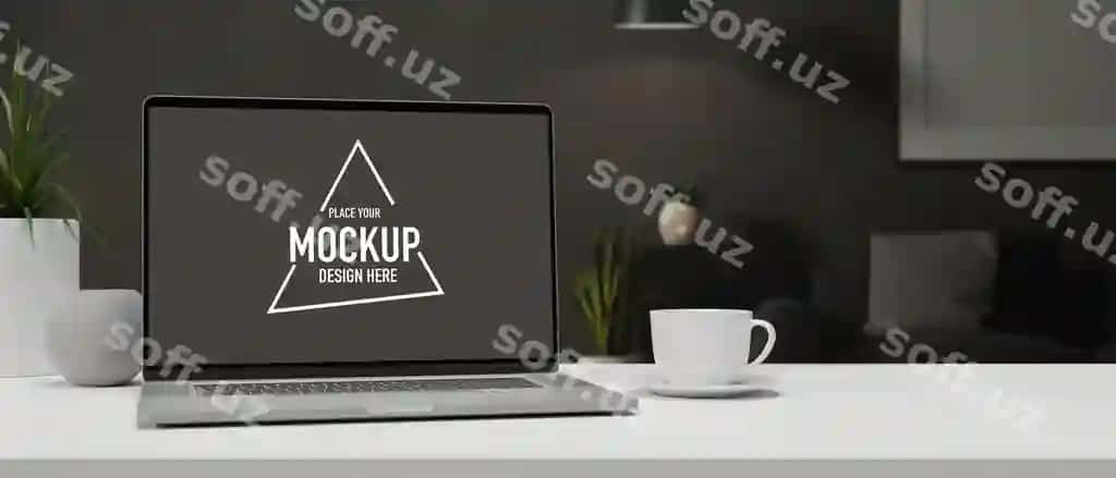 Noutbuk maket ekranli oq stol, stakan bezaklari | Laptop with mockup screen white table with cup decorations 2