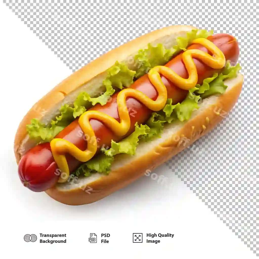 Mustangli letsimli qızartma hot-dog shaffof fonda | Delicious hot dog with mustard lettuce transparent background