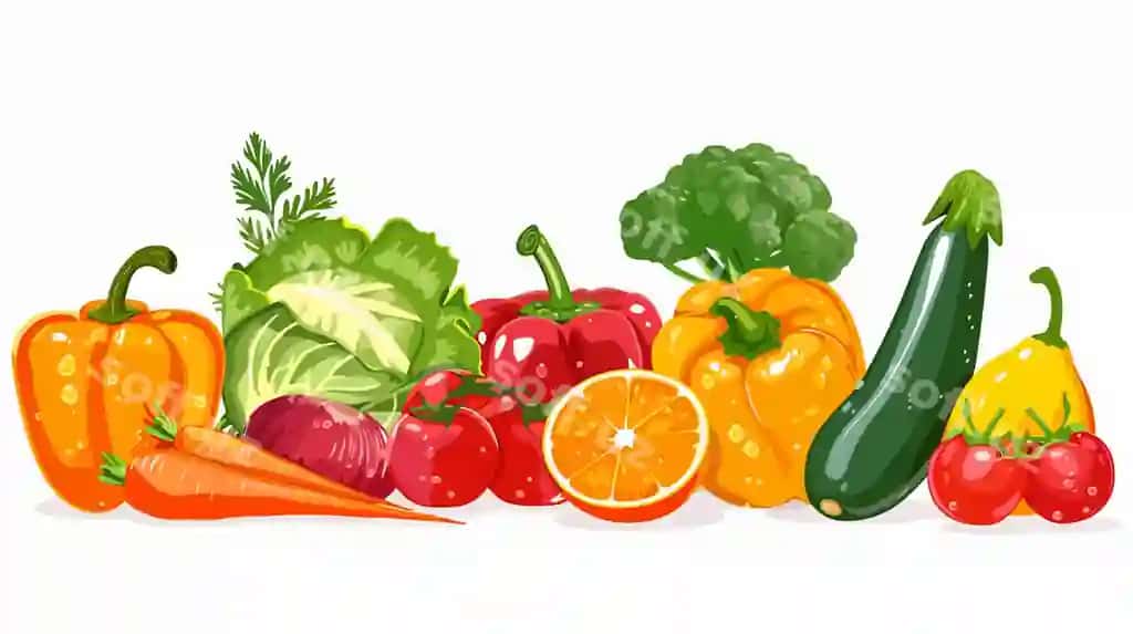 Binofat sabzilar, mevalar oq fonda vektor | Vibrant fresh vegetables fruits white background vector