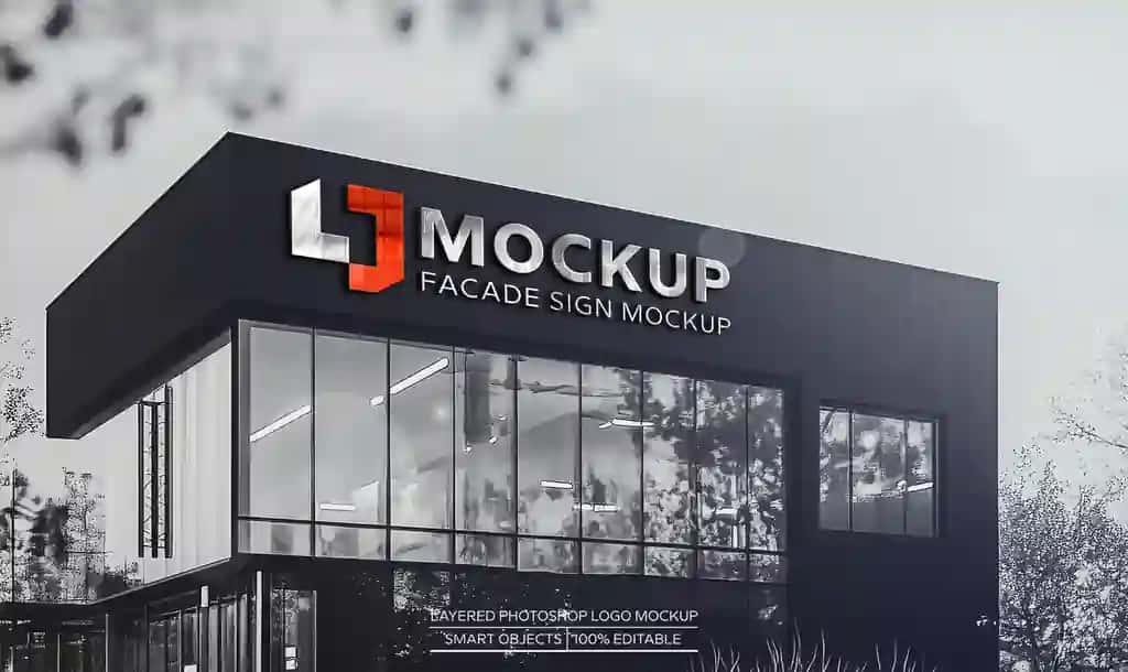 3D logotip maketi bilan zamonaviy bino jabhasi | Modern building facade with 3d logo mockup