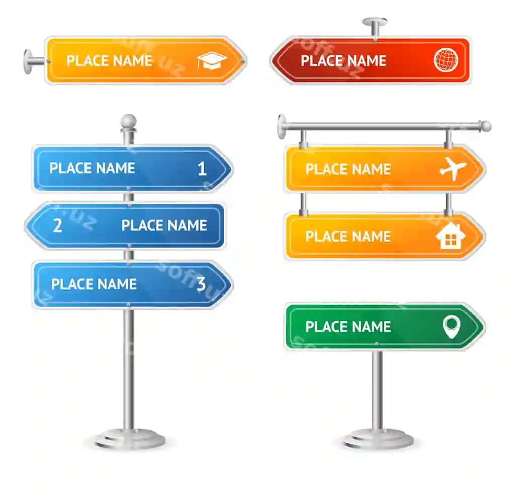 Yo'l ko'cha rangli belgi to'plami yo'riqnoma yo'nalish vektor illustratsiyasi | Road street color sign set guide direction vector illustration