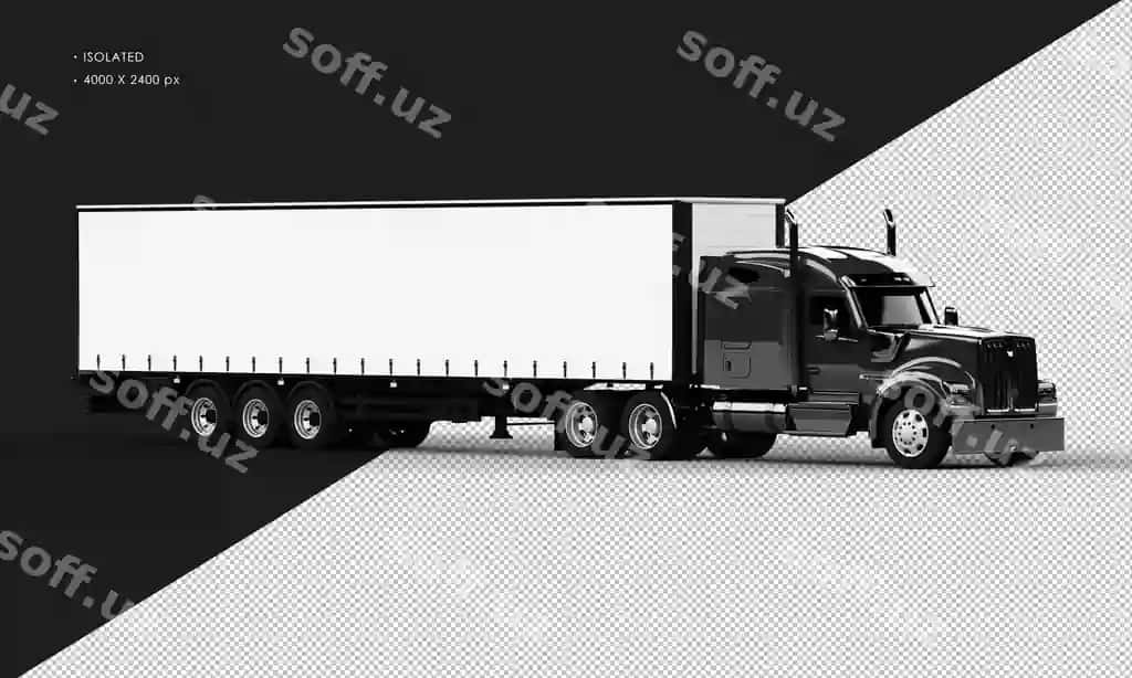 Ajraltirilgan haqiqiy yorqin qora uzun yuk avtomobili o'ng tomondan | Isolated realistic shiny black long trailer truck car from right