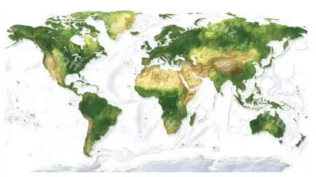 Jismoniy dunyo xaritasi ko'tarilgan relief rangli qit'alarni ko'rsatuvchi | Physical world map showing raised relief colorful continents