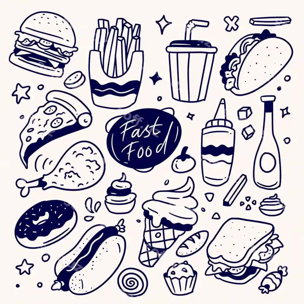 To'plam qo'l bilan chizilgan fast food chizma fast food | Collection hand drawn fast food doodle fast food