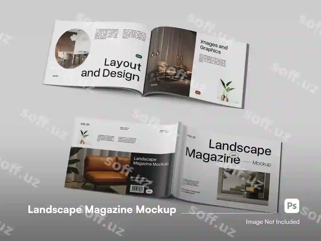 Toza minimalist ochiq landshtiv magazin kitobi 3D ajraltirilgan mockup | Clean minimalist open landscape magazine book 3d isolated mockup