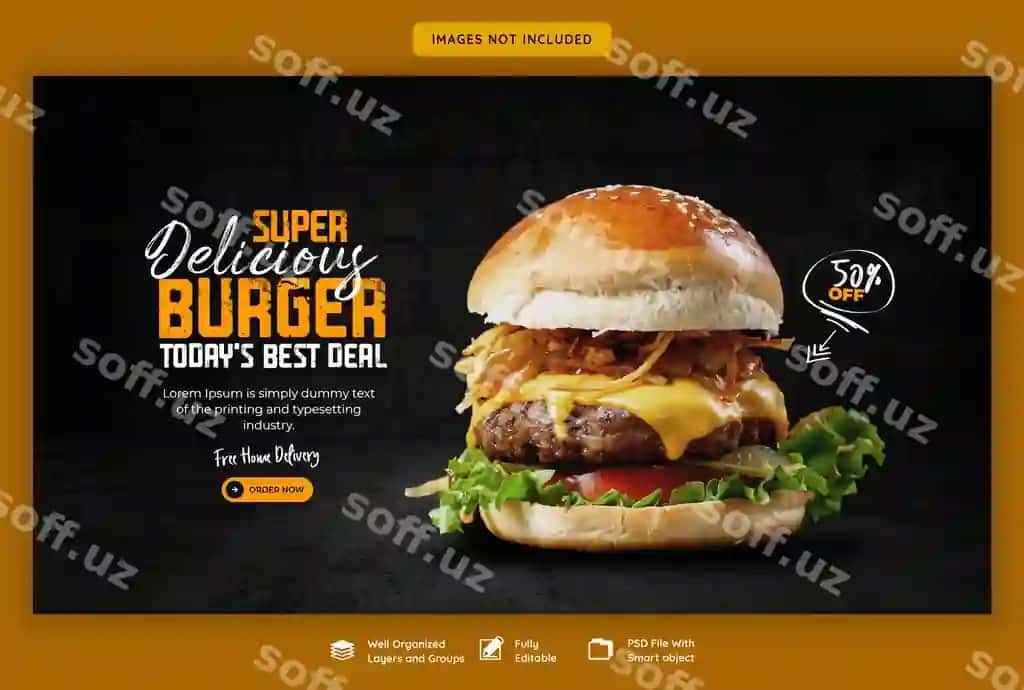 Mazali burger ovqat menyusi veb baner shabloni | Delicious burger food menu web banner template
