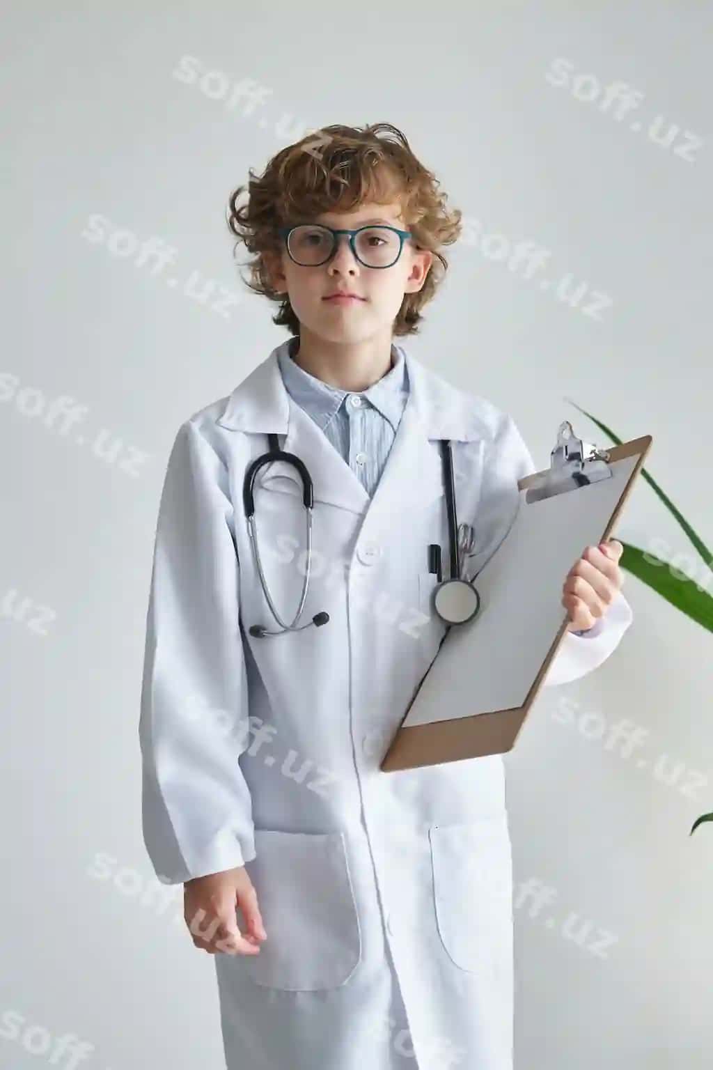 Bola meditsin halqasi, stetoskop, bo'sh varaq, papka, kamera qaraydi, oq fonda | Kid medical robe with stethoscope empty paper sheet clipboard looking camera white background