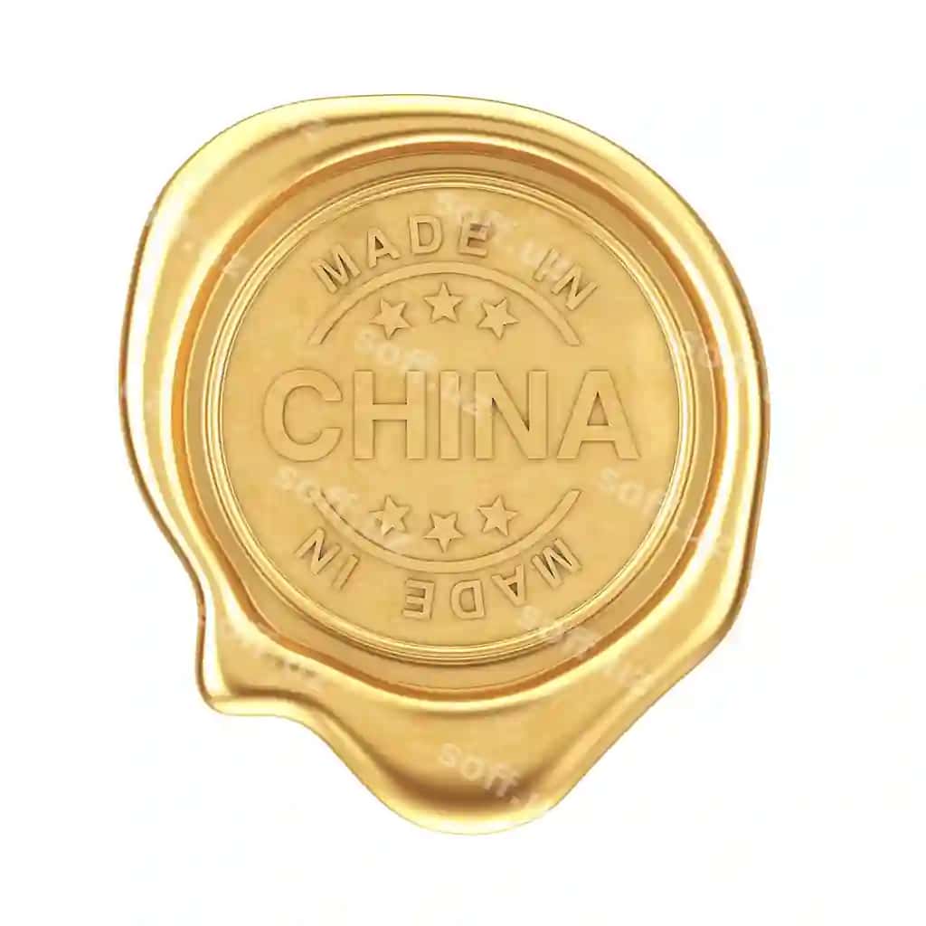 Oltin mum himi Xitoylik belgi bilan oq fonda 3d render | Gold wax seal with made china sign white background 3d rendering