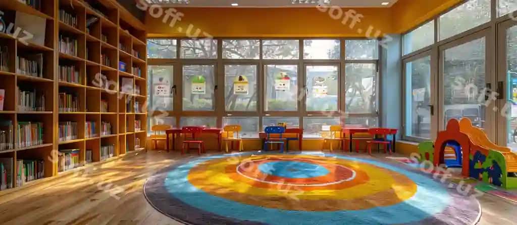 Rangli o'yin maydoni yorqin chiroqli kutubxona | Colorful play area brightly lit library