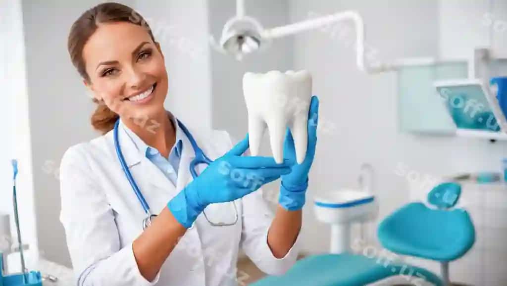 Portret go'zal gulchi ayol stomatolog tish modelini tutgan stomatologik kabinet | Portrait beautiful smiling woman dentist holding tooth model dental office