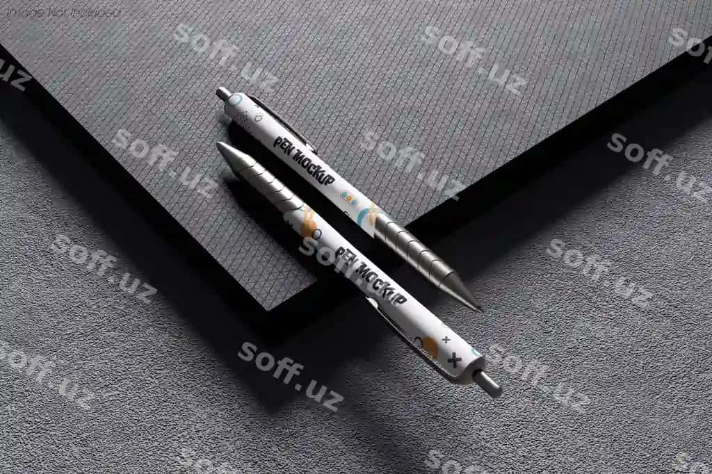 Haqiqiy ruchka mockup qora teksturali yuza | Realistic pen mockup dark textured surface