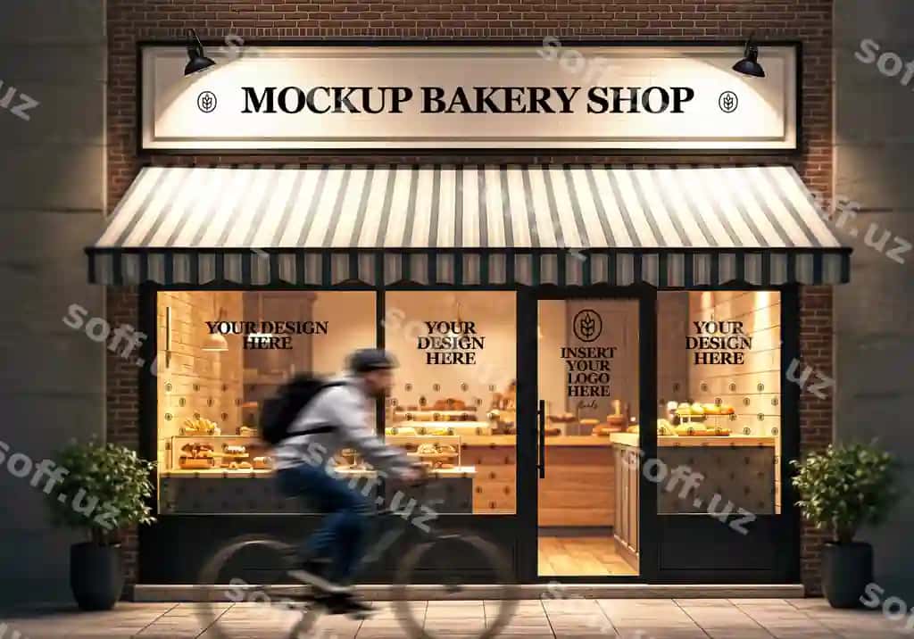 Pechenya do'konining brendlash mockup PSD shabloni | Bakery storefront branding mockup psd template