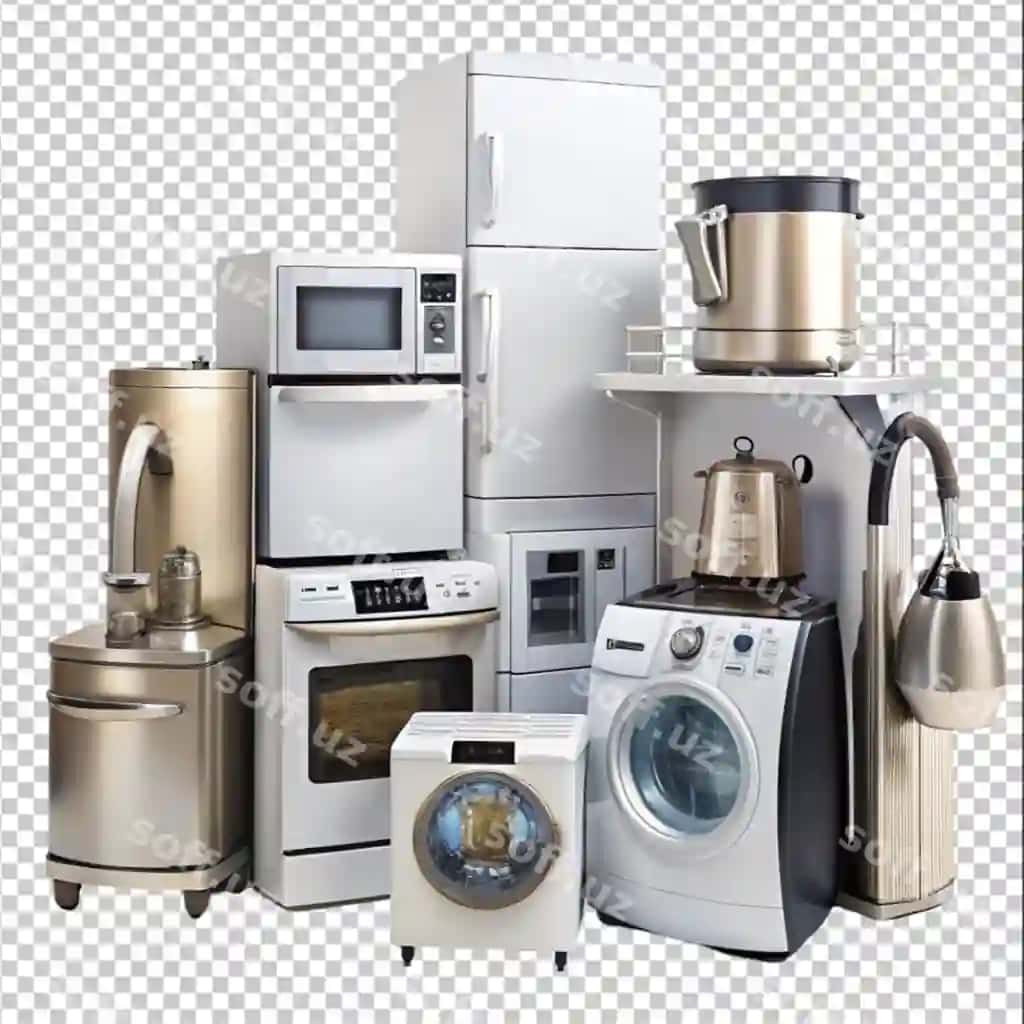 Uy jihoatlari turkumi oq fonda ajraltirilgan | Assortment household appliances isolated white background