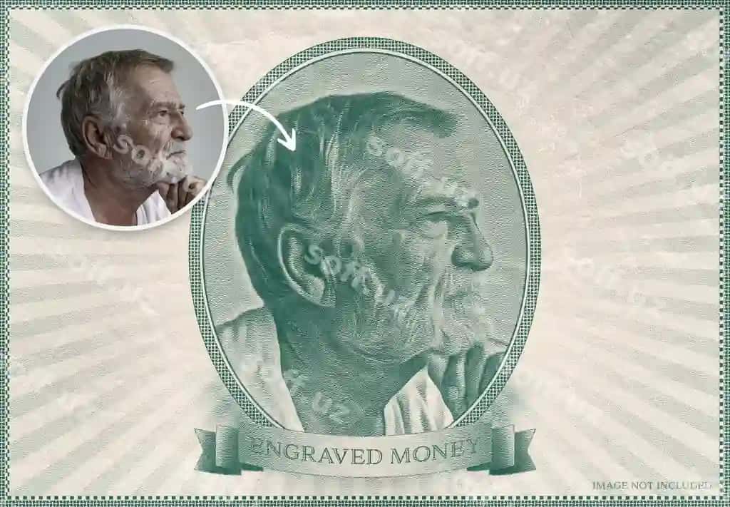 Oynatilgan bank iosebi fotosurat effekti namunasi | Engraved bank note photo effect mockup