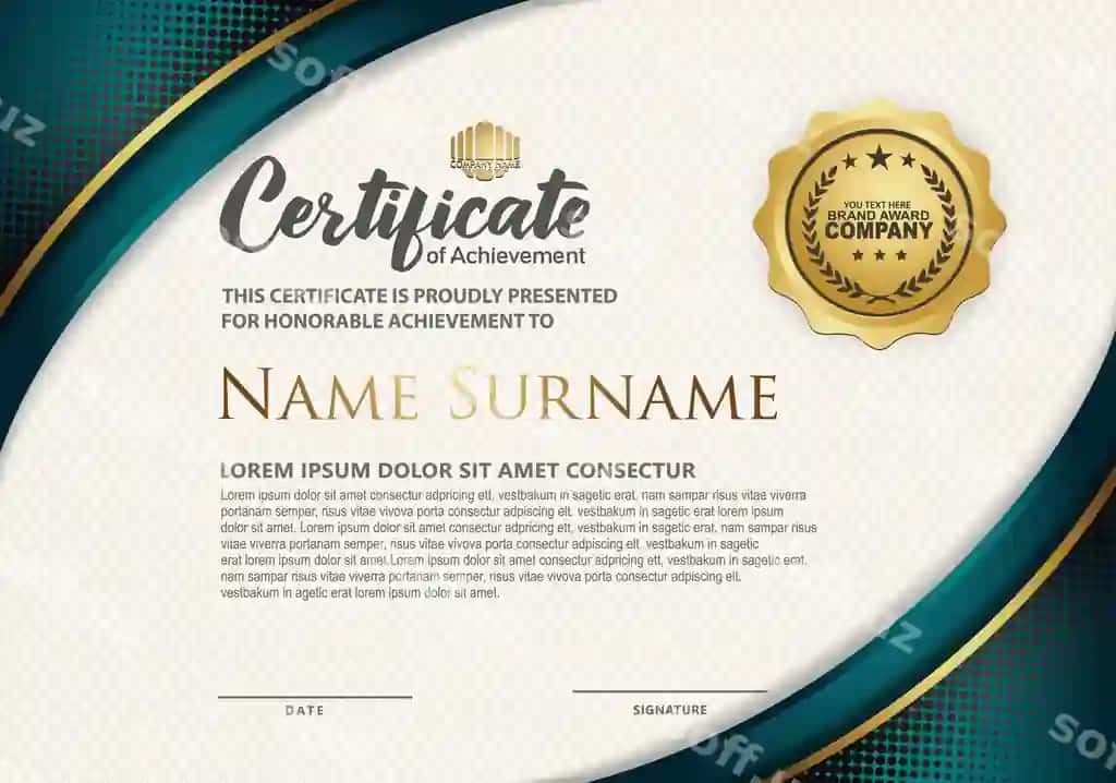 Yarim rangli teksturali egri chiziqli hashamatli oqlangan sertifikat shabloni | Luxury elegant certificate template with halftone texture curved