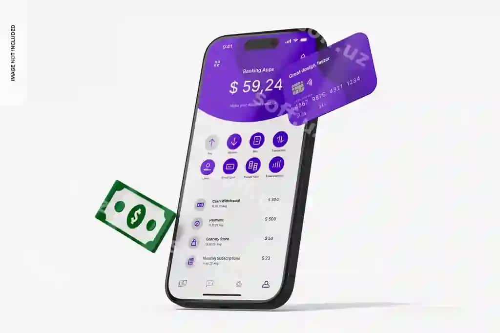 Glina iPhone bank ikonkalar mockup tomondan ko'rinish | Clay iphone with banking icons mockup side view