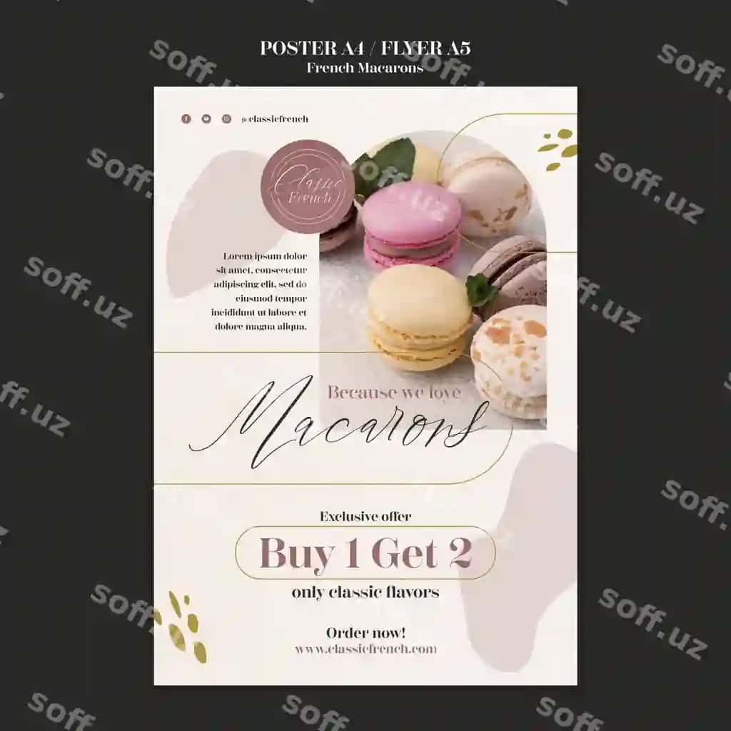 Tekis dizayn Fransuz makaronlari poytga shablon | Flat design french macarons poster template