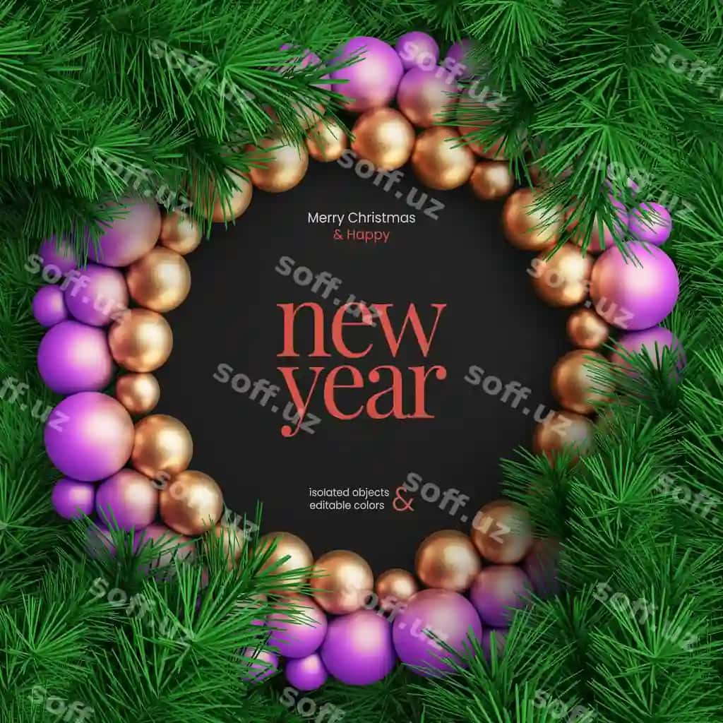 Baxromli yil kart mockup shabloni chinar yolka barglari bilan ramkada | Merry christmas card mockup template framed with pine fir leaves