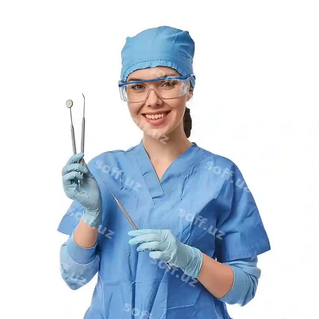 Ayol stomatolog ko'k rangli kostyum kiygan, ajraltirilgan oq fonda. | Female dentist wearing blue color suit isolated white background