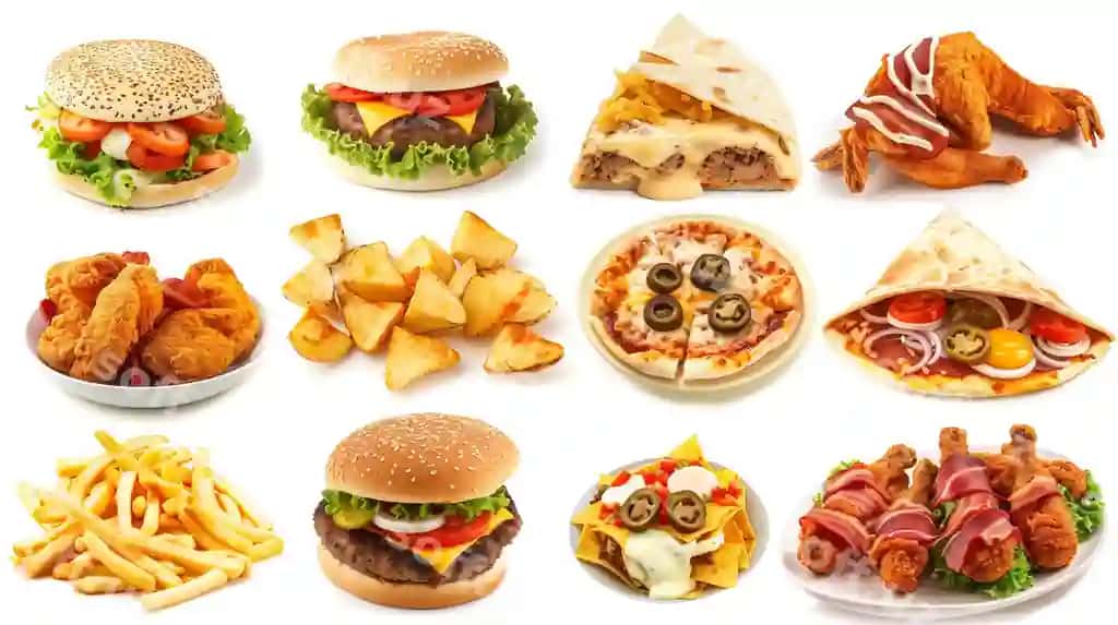 Katta jamlanma fast food ajraltirilgan shaffof orqa fonda yuqoridan ko'rinish | Big collection fast food isolated transparent background top view