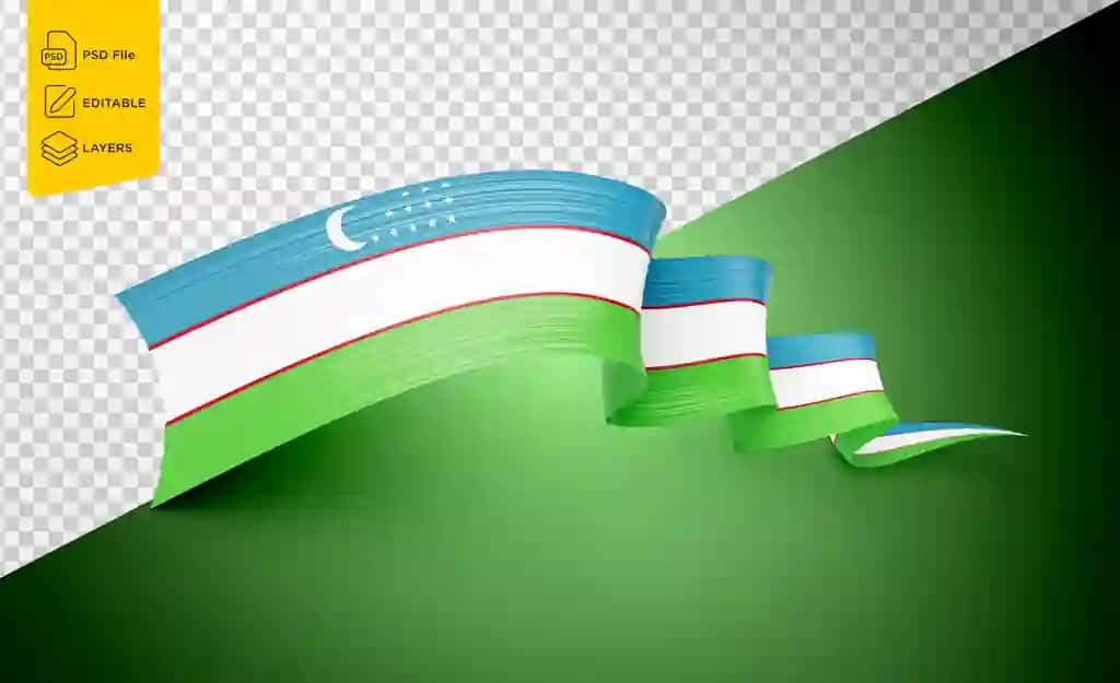 O'zbekiston bayrog'i yaltiroq hilpiragan bayroq lentasi ajratilgan yashil fon | Flag uzbekistan shiny waving flag ribbon isolated green background