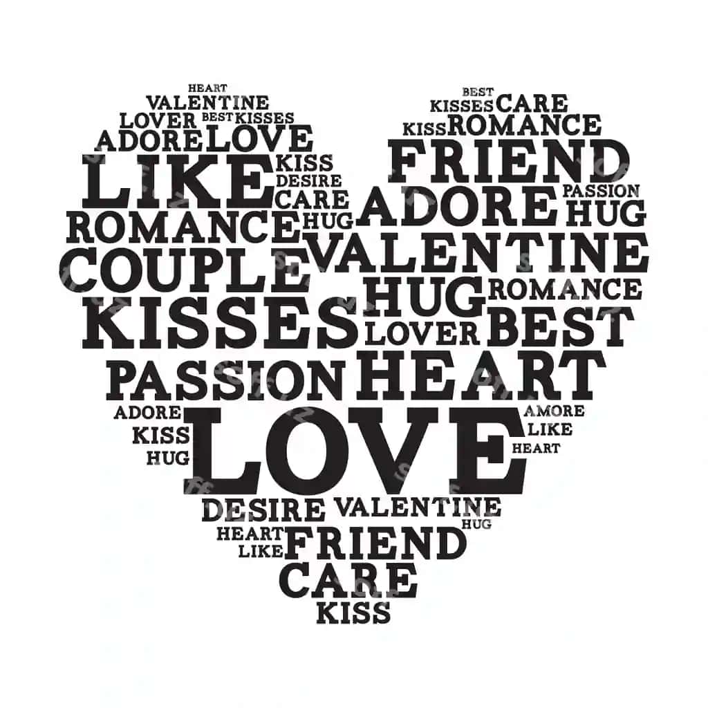 Romantik muhabbat qalb so'z buluti Valyentinkun | Romantic love heart word cloud valentines day