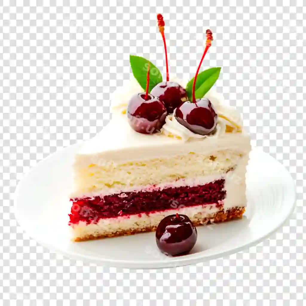 Keks kesmasi gilos bilan likop shaffof orqa fon | Slice cake with cherries plate transparent background