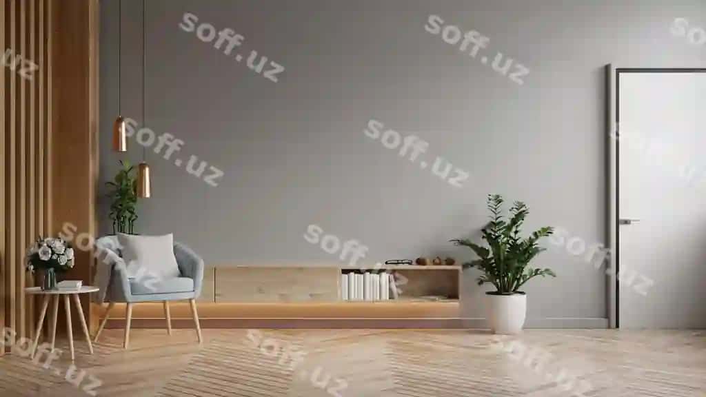 Namuna shkafi zamonaviy mehmonxona ko'k oirinka o'simlik qorong'u kulrang devor foni 3D render | Mockup cabinet modern living room with blue armchair plant dark gray wall background 3d rendering