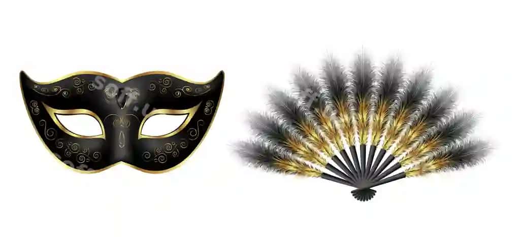 Qora karnaval Veneziy maska maskaradli tulqinli devor o'ttiz bezak bilan | Black carnival venetian mask masquerade feather fan with gold ornament