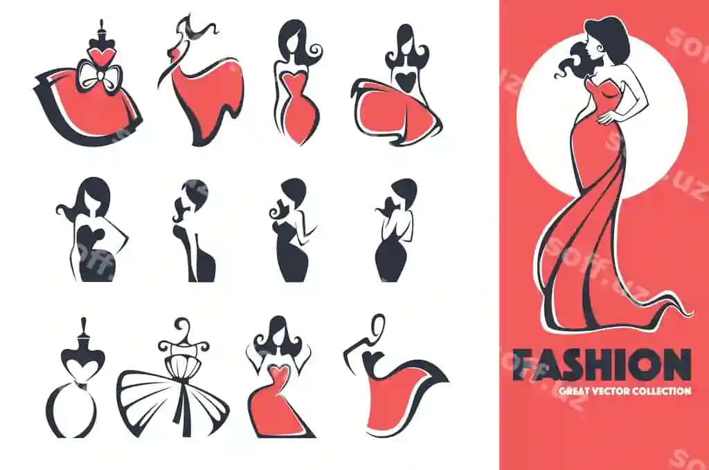 Katta moda kiyim chiroy logotipi gerbur kolleksiya | Large fashion dress beauty logo emblem collection