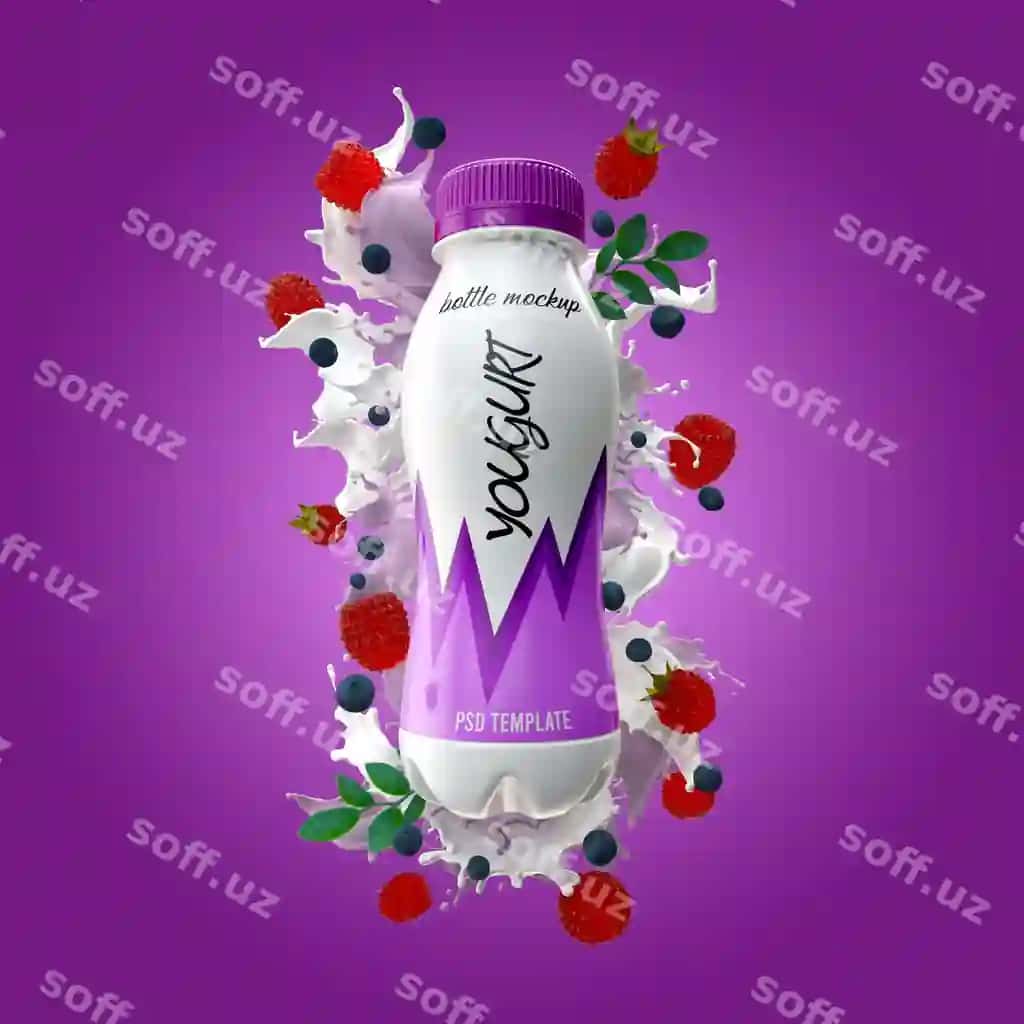 Yo'gurt shishasi sut splash bilan malina kok uzumlar mockup | Yogurt bottle with milk splash raspberry blueberries mockup 2