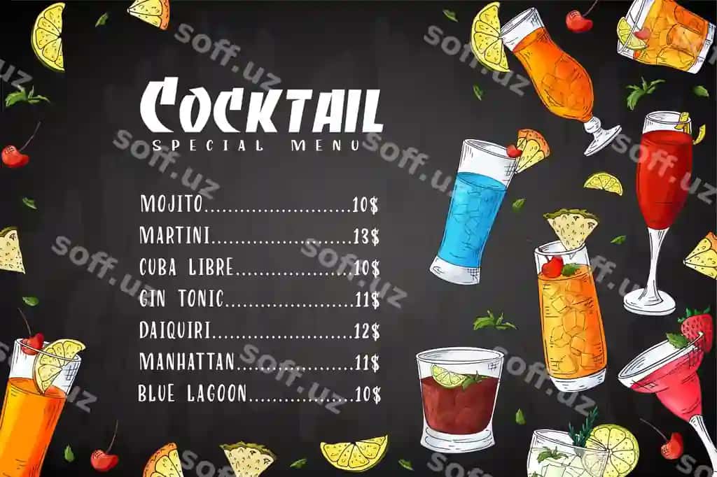 Kokteyl ichimliklari menyusi | Cocktail drinks menu