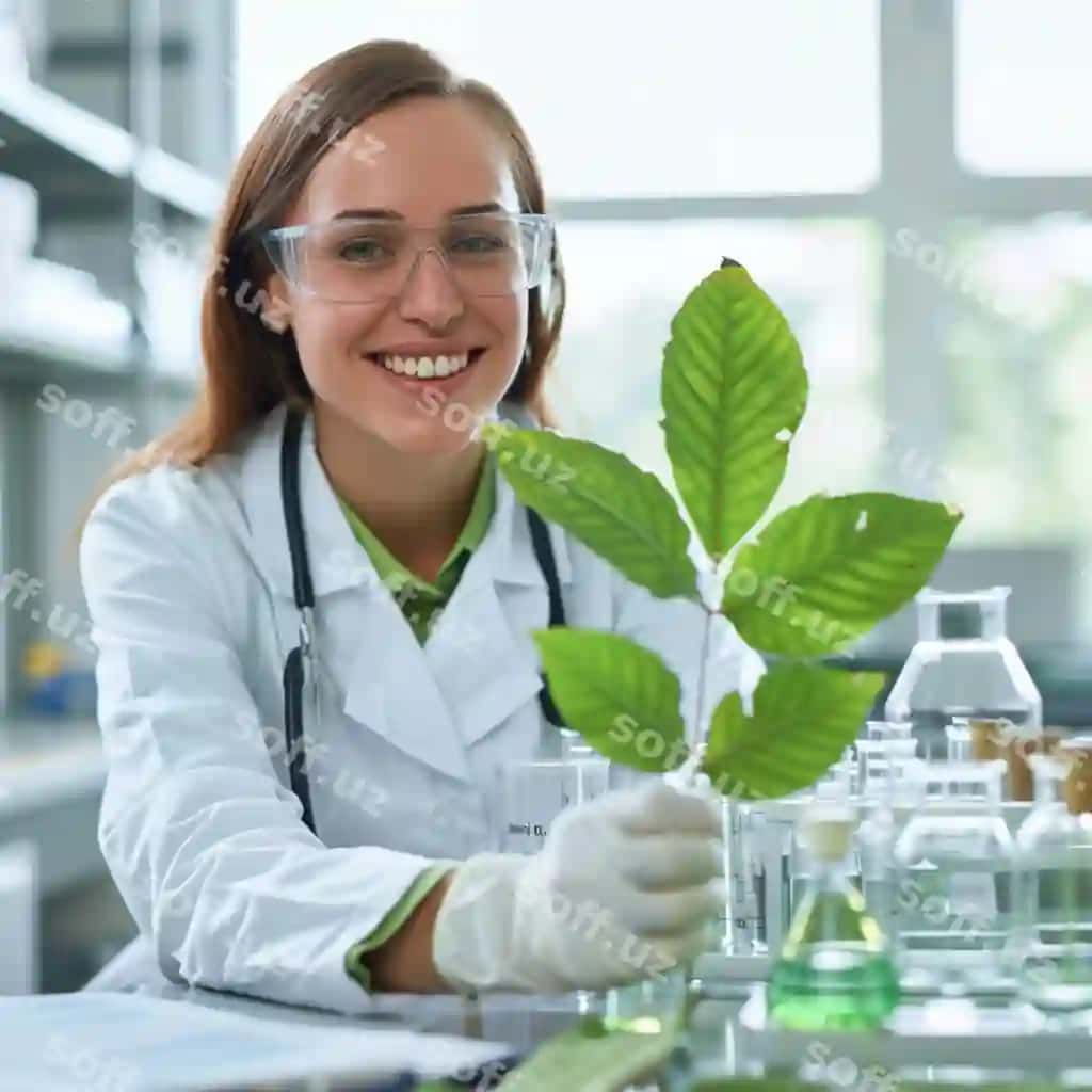 Ayol laborator kostyum kiygan o'simlikka gulmoqda. | Woman lab coat is smiling plant